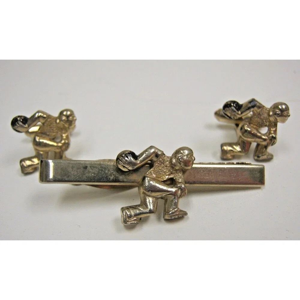 Vintage MOD 1960s Bowling Bowler Men's Cuff Links & Tie Clasp Clip Set Rare